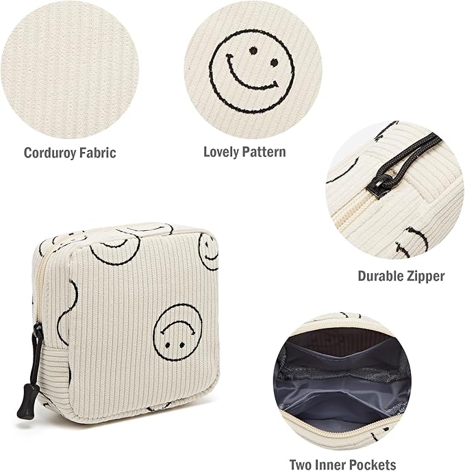 Small Makeup Bag for Purse,Mini Cosmetics Bag cute Zipper corduroy Cosmetic Pouch Storage Pouch Travel Toiletry Organizer for Women Girls(Smiley Face,Beige)