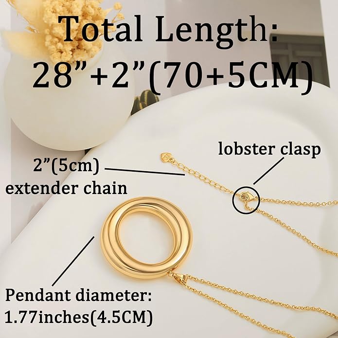 SOFYBJA 18K Gold Plated Circle Pendant Necklace Long Satellite Beaded Chain Jewelry for Women Dainty Hammered Karma Open Circle Charm Geometric Necklace