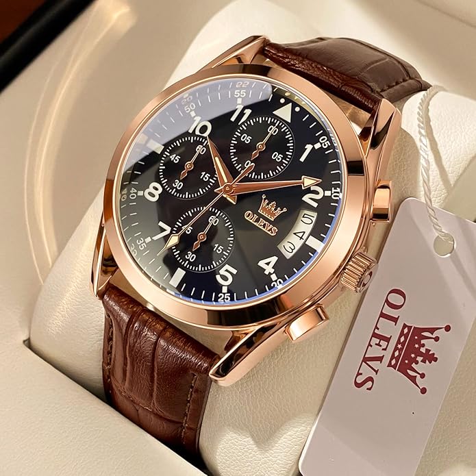 OLEVS Men's Watches Brown Leather with Date,Casual Watches for Men,Large Face Watches Men,Chronograph Mens Watch,Sport Waterproof Business Dress Analog Quartz Men's Wrist Watches Reloj De Hombre