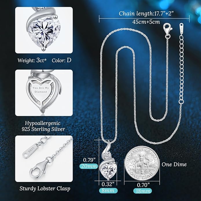 ANDSO Moissanite Heart Pendant Necklaces for Women, 925 Sterling Silver Necklace with Birthstone, Ideal Anniversary Present or Birthday Christmas Valentine Jewelry Gifts for Mom Wife Her Girlfriend