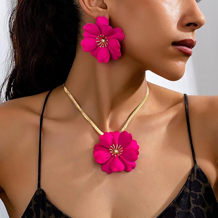 Vintage Flower Necklace Earring Set Gold Snake Chain Necklace Bohemian Red Flowers Choker Necklaces Hypoallergenic Statement Flower Stud Earrings Elegant Bridal Wedding Summer Beach Jewelry