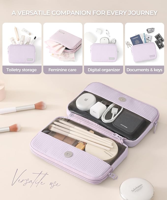Preppy Makeup Bag, Rectangle Double Detachable Cosmetic Organizer, Clear Side Panel Portable Travel Pouches for In-Flight Essentials, Beauty & Tech Accessories, Gift for Women
