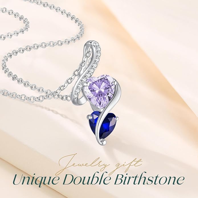LOUISA SECRET Unique Double Heart Necklace Gifts for Wife Women, 925 Sterling Silver Tiny Birthstone Pendant Jewelry Gift for Her Girlfriend Mom Valentine's Day Anniversary Mother's Day Birthdays & Christmas