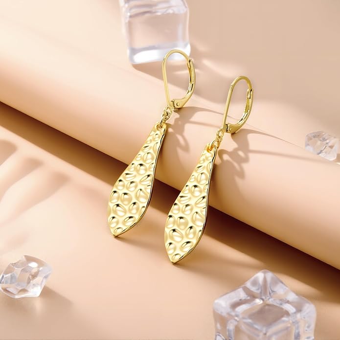 ALEXCRAFT 925 Sterling Silver Dangle Earrings for Women, 14K Gold Plated French Leverback Earrings, Hypoallergenic Lightweight Statement Hammer Square Bar Long Drop Earing for Women Trendy Jewelry