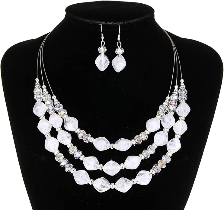 3 Layered Chunky Statement Necklace for Women Beaded Strand Necklaces with Earring Fashion Costumes Collar Necklace Jewelry Sets Gifts for Women