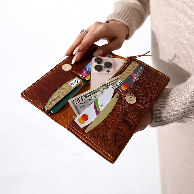 Genuine Leather Handmade Wallet for Women Large Capacity Credit Card Holder Ladies Bifold Long Clutch Handbag Slim Minimalist Western Purse with Zipper Pocket