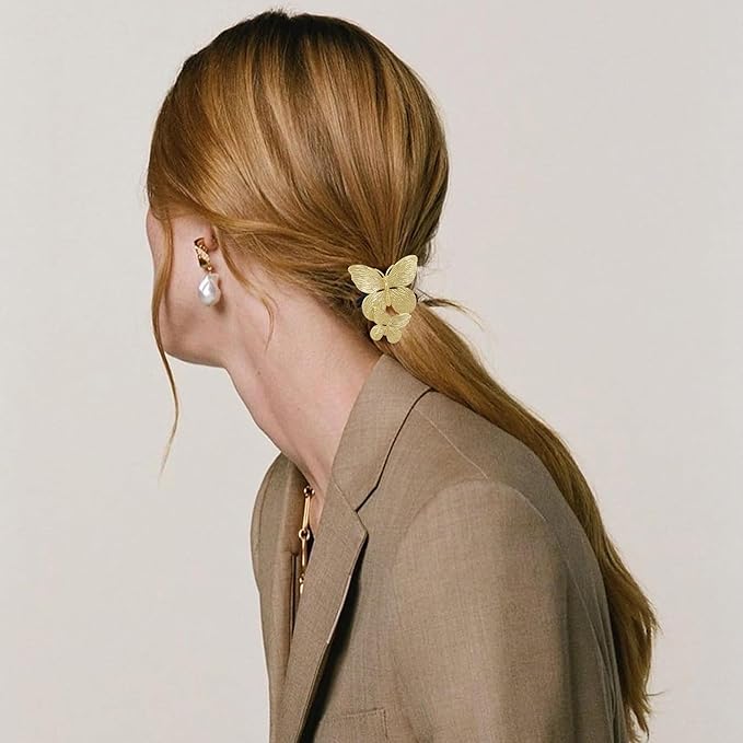 Gold Metal Hair Ties for Women - Cuffs, Accessories, Elastic Bands, Ponytail Cuff, Butterfly Ties for Thick and Thin Hair