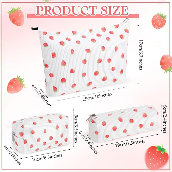 3 Pcs Makeup Bag Set for Women Corduroy Cosmetic Pouch Aesthetic Smile Travel Toiletry Bag Cute Purse Pouch Pencil Case Makeup Brushes Storage Organizer for Christmas (White, Strawberry)