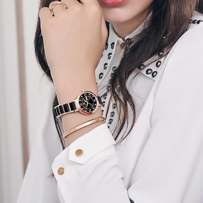 OLEVS Womens Ceramic Watch Luxury Shinning Diamond Rose Gold Watch for Women Analog Quartz Ladies Dress Watches Casual Waterproof Wrist Watches for Woman with Day Date Reloj para Mujer