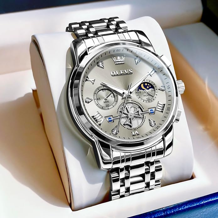 OLEVS Men Watches Stainless Steel Chronograph Watch, Large Wrist Analog Quartz Watch, Fashion Waterproof Diamond Roman Numerals Dress Watches for Men, Gold/Black/White/Blue/Grey Dial