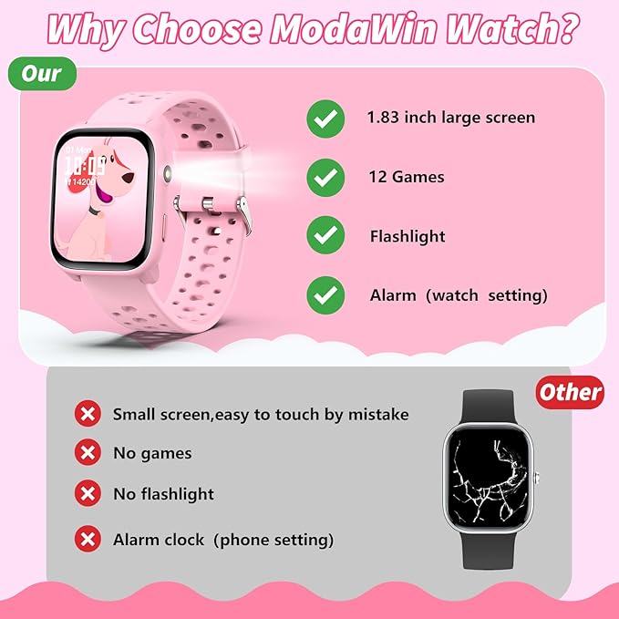 Kids Smart Watches Girls Gift Age 6-12 with 12 Puzzle Games, Heart Rate, Sleep Monitor, Pedometer, Flashlight, 1.83" Touchscreen IP68 Waterproof Kid Watch Brithday Gift for Girls