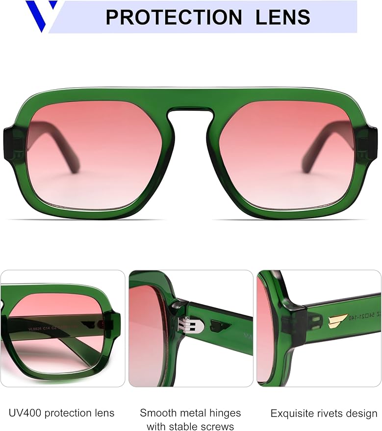 VANLINKER Oversized Retro Square Aviator Sunglasses for Women Men 70s Vintage Style Trendy Big Flat Top Sun Glasses VL9826