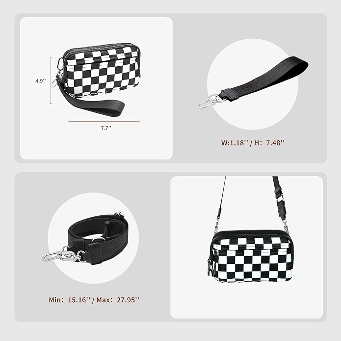 Wristlet Wallets for Women Checkered Nylon Quilted Wallet Travel Crossbody Bags with 4 Zippers Coin Card Phone Holder