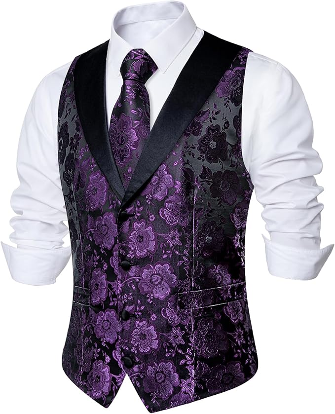 DiBanGu Mens Paisley Suit Vest Silk Jacquard Waistcoat and Necktie Set Formal Shawl Collar Dress Vest 7PCS for Wedding Party