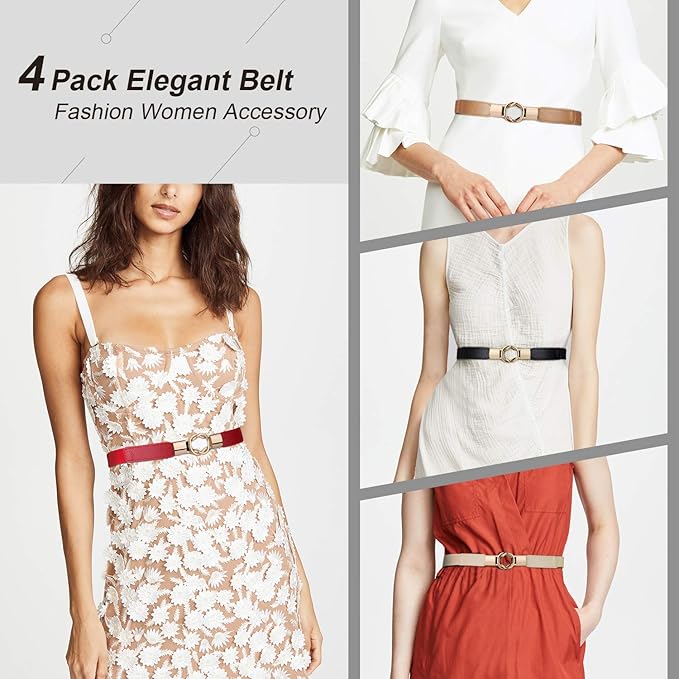 WERFORU Women Skinny Belt for Dresses Retro Stretch Waist Belt with Gold Buckle Set of 4