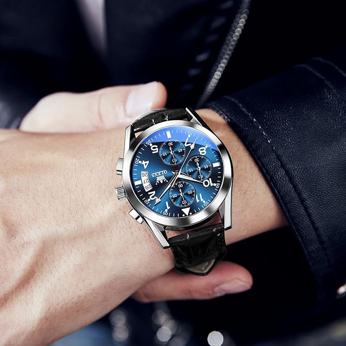 OLEVS Men's Casual Leather Watch, Big Face Chronograph Watch for Men, Fashion Easy to Read Dress Watch, Men's Waterproof Luminous Date Analog Watch, Gold/Black/White/Blue Dial