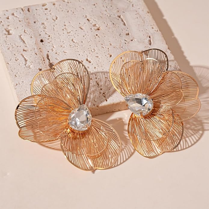 Chunky Flower Earrings 14K Gold Plated Geometry Petal Earrings Vintage Hollowing Out Layered Dangle Earring Fashion Exaggeration Jewelry for Women
