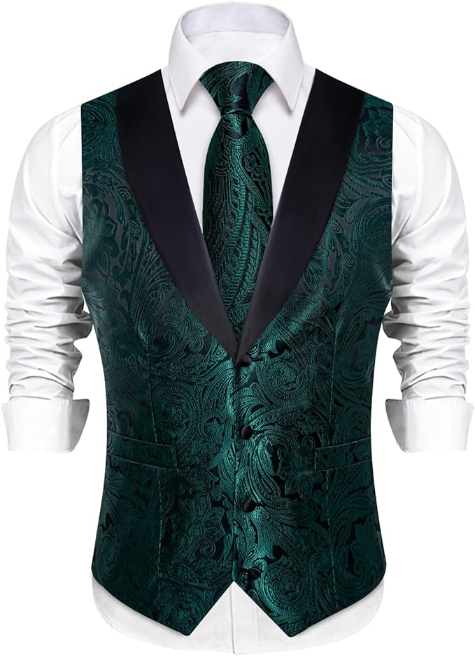 DiBanGu Mens Paisley Suit Vest Silk Jacquard Waistcoat and Necktie Set Formal Shawl Collar Dress Vest 7PCS for Wedding Party