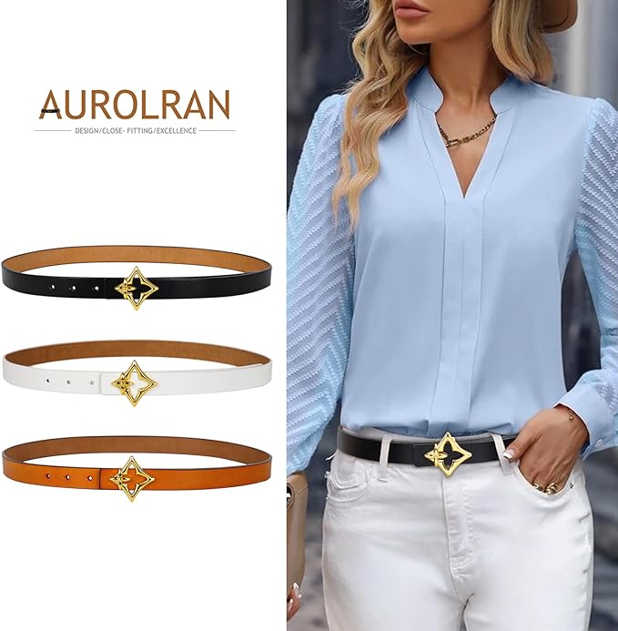 Women's Fashion Classic Metal Buckle Leather Belt with Jeans Dress
