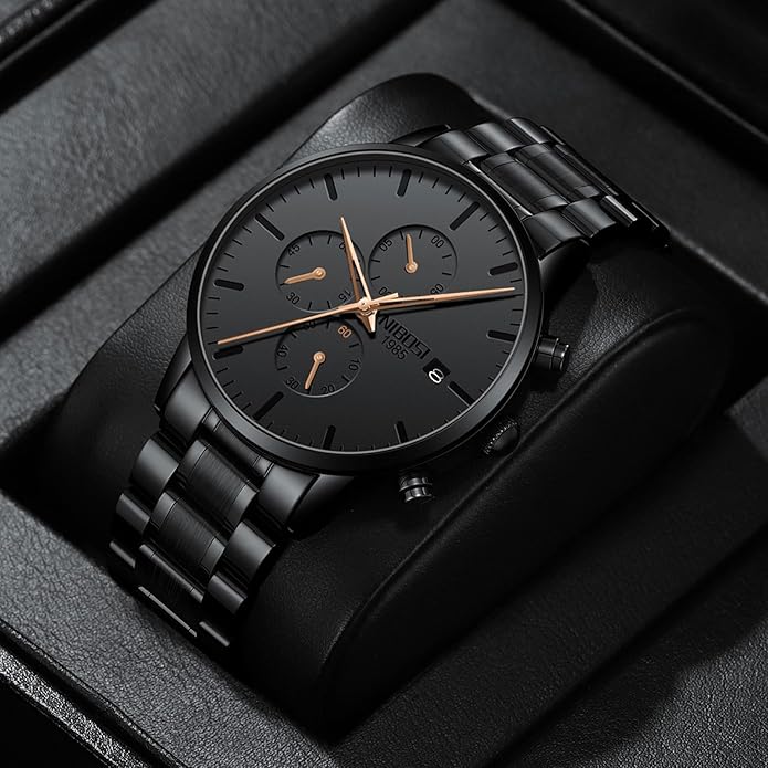 NIBOSI Men's Watches Analog Minimalist Black Dial Watches for Men Business Chronograph Military Casual Wrist Watches Stainless Steel Strap Date