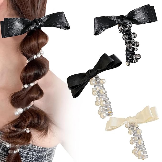 3PC Pearl Butterfly Telephone Wire Hair Ties – Spiral Elastic Bubble Ponytail Hair Bands for Women & Girls, No Damage, Soft & Stretchy Hair Accessories for High Ponytails and Braids (set-D)
