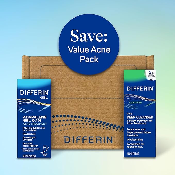 Differin Acne Skin Care Kit, Differin Gel Retinoid Acne Treatment for Face with 0.1% Adapalene & 5% Benzoyl Peroxide Face Wash & Body Wash, Designed for Pimple and Acne Prone Skin (Pack of 10)