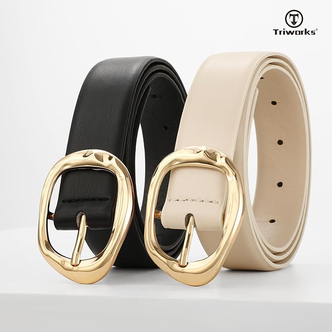 TRIWORKS 2 Pack Leather Belts for Women Fashion Waist Belt with Liquid Shapes Women Belt for Jeans Pants Dresses
