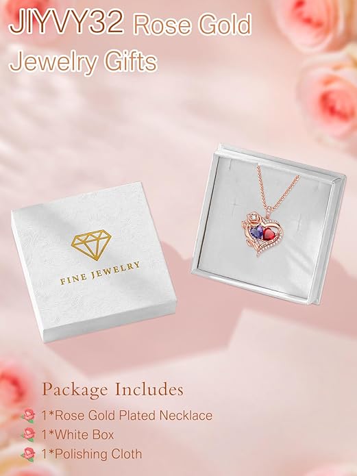 Rose Heart Necklaces for Women, Rose Gold Forever Love Jewelry with 2 Birthstones Pendant, Christmas Anniversarry Birthday Gifts for Her Wife Mom Grandma, 18+2 Inch Chain