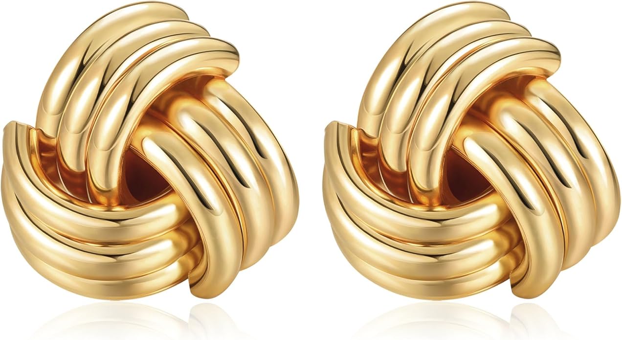 ORAZIO Chunky Gold Plated Knot Earrings for Womens Trendy 925 Silver Statement Lightweight Dangle Drop Hypoallergenic Large Geometric Stud Earring Jewelry for Women