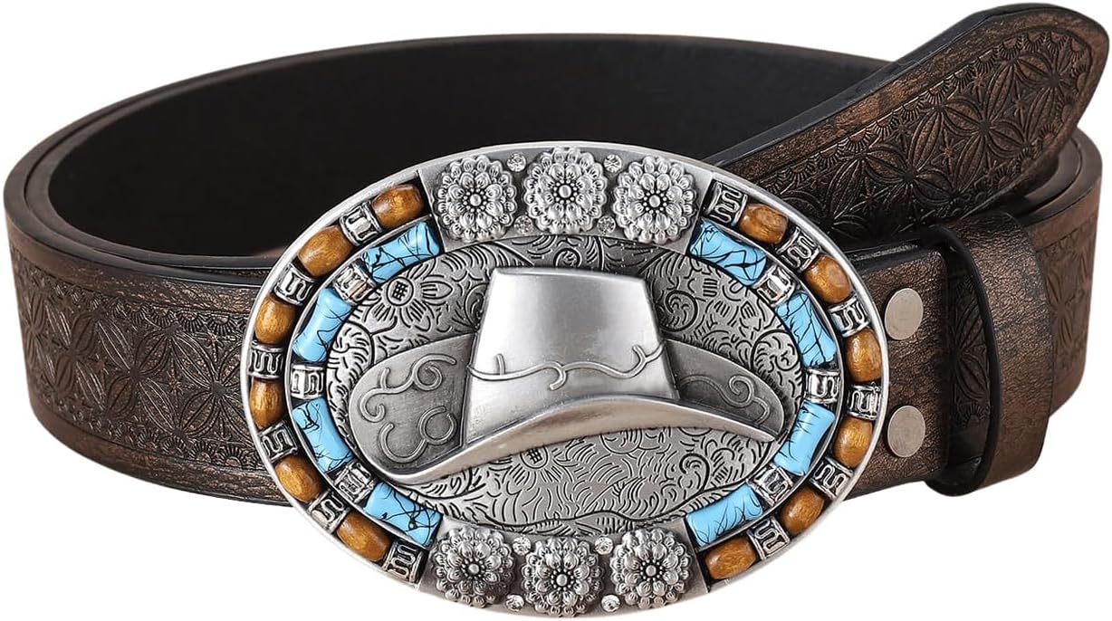 Women's Floral Embroidery Genuine Leather Belt Vintage Square Buckle