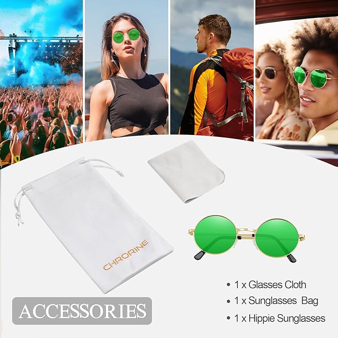 CHRORINE Hippie Sunglasses Round 70s Retro Glasses for Women Men Party Accessory Festival Fashion Vintage Sunglasses
