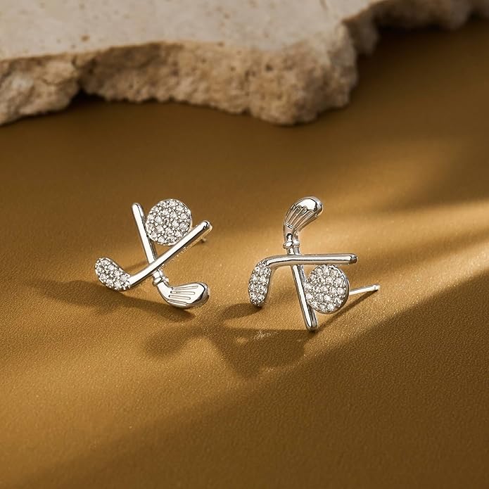 Golf Stud Earrings for Women Silver Gold Gifts Cubic Zirconia Flat Back Hypoallergenic Club Cute Dainty Player Fan Tournament Fashion Unique Accessory Small Birthday Novelty Sports Jewelry