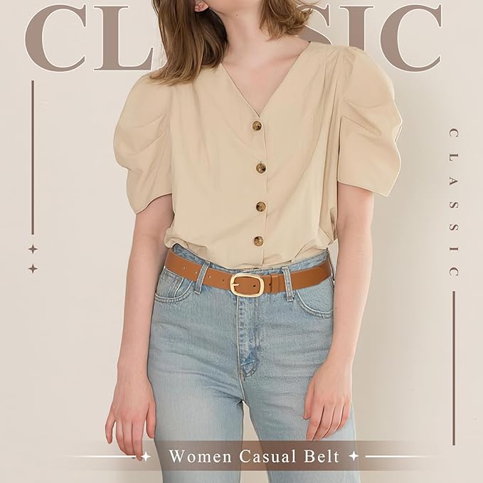 WHIPPY Women Leather Belt Casual Fashion Gold Buckle Leather Waist Belt for Jeans Pants Dresses Chic Ladies Belt