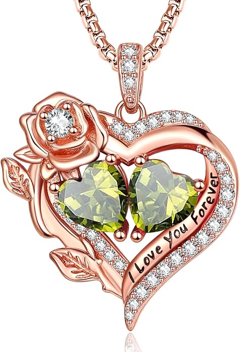 Rose Heart Necklaces for Women, Rose Gold Forever Love Jewelry with 2 Birthstones Pendant, Christmas Anniversarry Birthday Gifts for Her Wife Mom Grandma, 18+2 Inch Chain