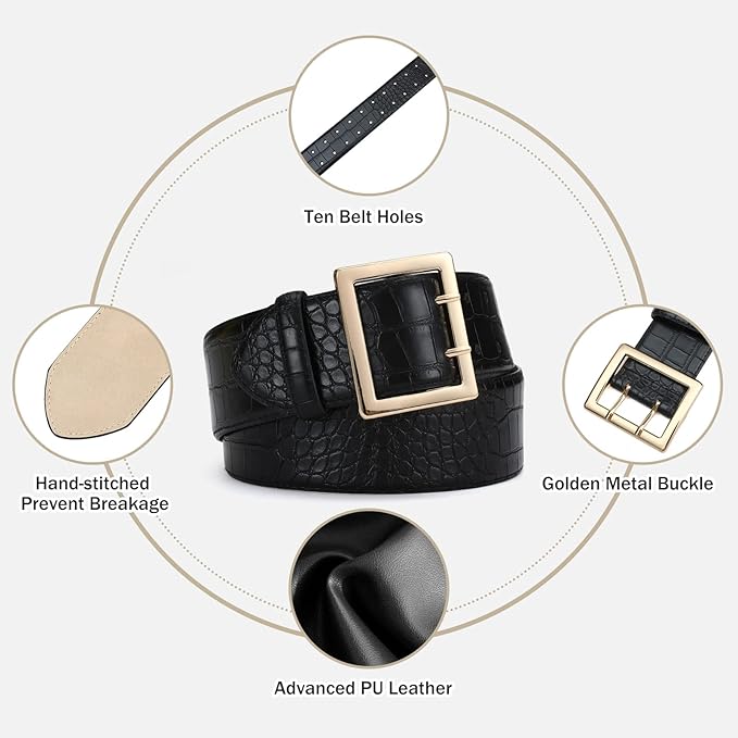 Wide Belts for Women Leather Wide Belts Fashion Thick Black Belt With Gold Buckle Belt for Dresses
