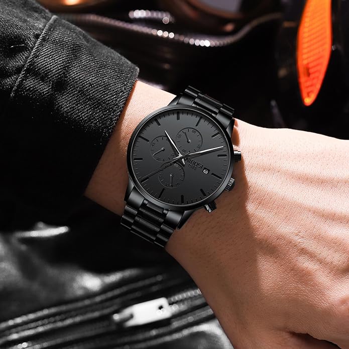 NIBOSI Men's Watches Analog Minimalist Black Dial Watches for Men Business Chronograph Military Casual Wrist Watches Stainless Steel Strap Date