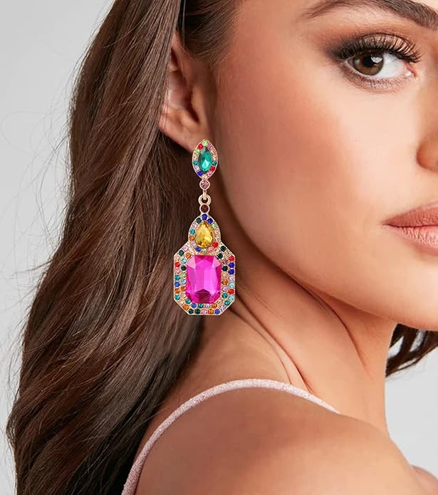 Vintage Rhinestone Dangle Statement Earrings Colorful Long Crystal Dangling Drop Earring for Women Formal Wedding Prom