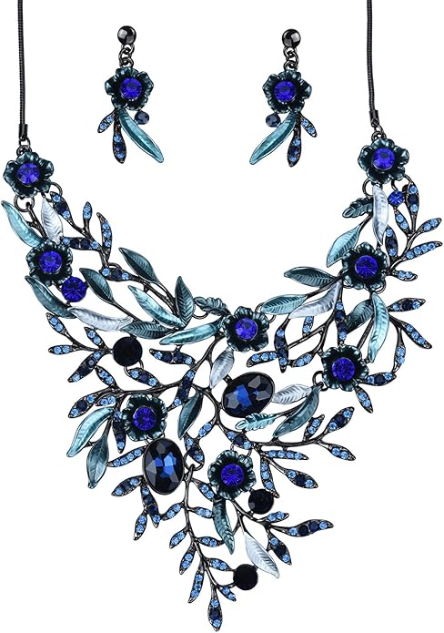 Vintage Women Beautiful Crystal Flower Enamel Blossom Flower Collar Bib Statement Necklace and Earrings Set for Women Wedding Bridal Prom
