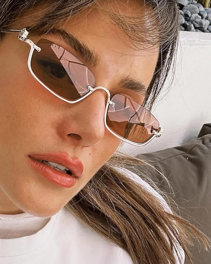 Retro Y2k Sunglasses for Women Men,Trendy Semi-Rimless Sun Glasses Irregular Narrow Gold Sunnies UV400