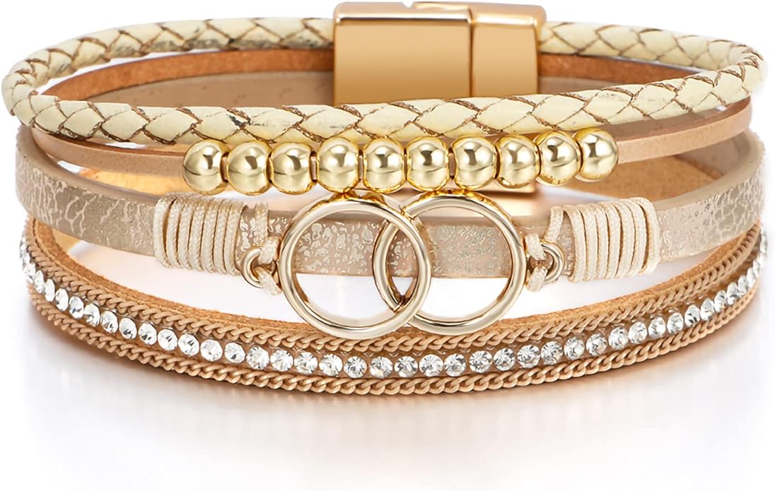 Fesciory Leopard Bracelet for Women, Boho Leather Wrap Multi-Layer Pearl Crystal Bracelet Bangle Jewelry