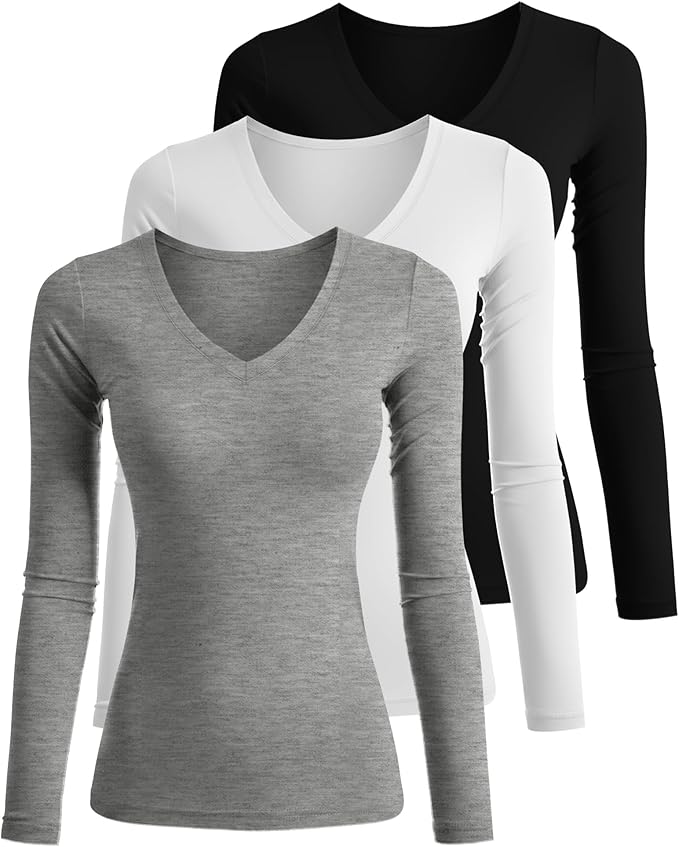 Ficerd 3 Pack Women's Long Sleeve Shirts, V Neck Basic Tees Slim Fitted Casual Fall Tops Going Out Blouses T Shirts