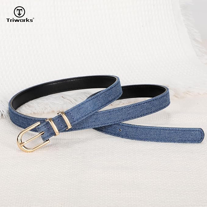 2 Pack Women Skinny Leather Belts for Jeans Pants Thin Faux Leather Belt with Gold Buckle