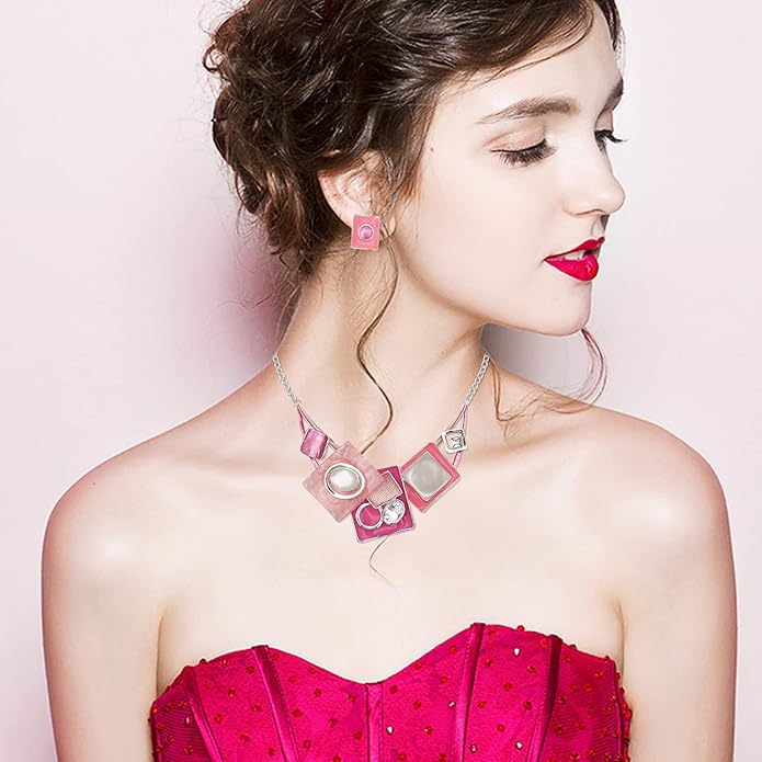 CSY Fashion Boho Oval Crystal Opals Statement Bib Necklace Earrings Bohemian Enamel Costume Jewelry Set Gifts for Women