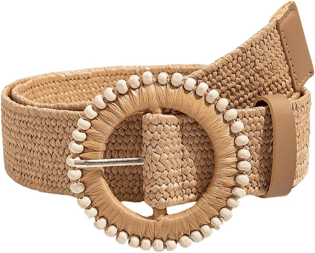 Verdusa Women's Western Belt Cowgirl Boho Straw Belts Round Buckle Elastic Waist Belt