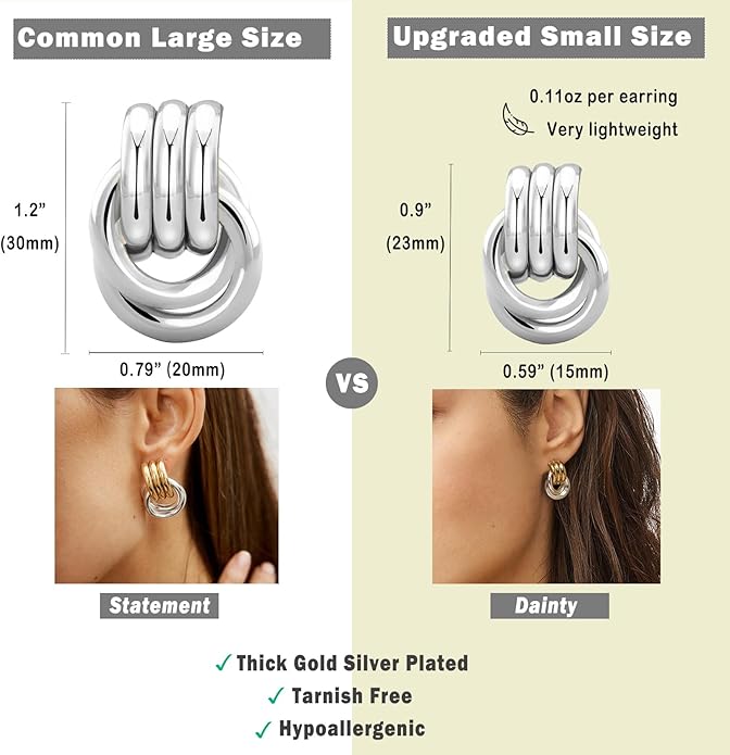 Chunky Small Knot Earrings Gold Silver Geometric Earrings for Women Dainty Gold and Silver Plated Dangle Drop Earrings Hypoallergenic and Lightweight Fashion Trendy Jewelry Gifts