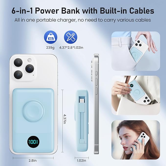 Magnetic Portable Charger for iPhone with Built-in Cables,6-in-1 10800mAh Power Bank with iWatch Charger & LCD Display,25W Fast Charging Battery Pack for iPhone 17/16/15/14/13/12,Apple Watch(Sky Blue)