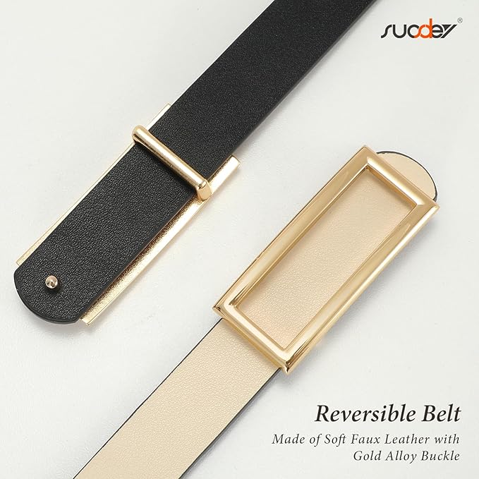 SUOSDEY Women Reversible Leather Belts for Jeans Pants Dresses Ladies Fashion Belts with Gold Buckle, 0.9" Width