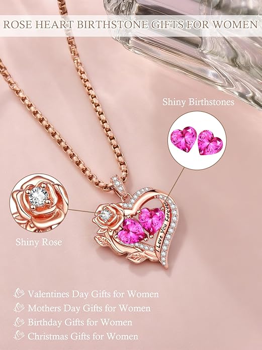 Rose Heart Necklaces for Women, Rose Gold Forever Love Jewelry with 2 Birthstones Pendant, Christmas Anniversarry Birthday Gifts for Her Wife Mom Grandma, 18+2 Inch Chain