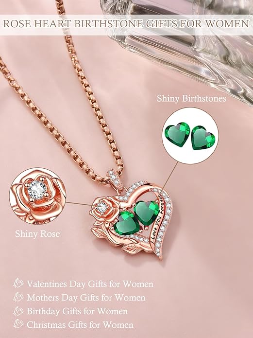 Rose Heart Necklaces for Women, Rose Gold Forever Love Jewelry with 2 Birthstones Pendant, Christmas Anniversarry Birthday Gifts for Her Wife Mom Grandma, 18+2 Inch Chain
