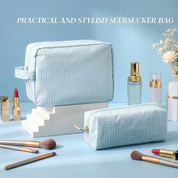 Sanwuta 2 Pcs Makeup Bag Set Seersucker Cosmetic Bag for Women Cute Stripe Travel Toiletry Organizer Aesthetic Preppy Storage Pouch for Girls Wedding Bridesmaid Valentine's Day Gifts(Lake Blue)